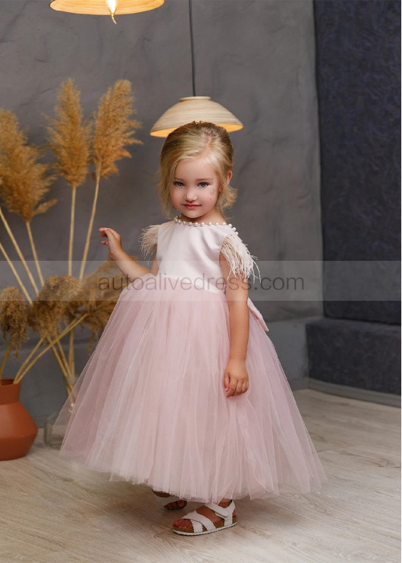 Feather Sleeve Blush Satin Tulle V Back Flower Girl Dress